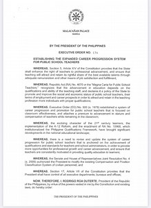 Executive Order No. 174 : Establishing the Expanded Career Progression System for Public School Teachers