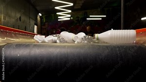 Close-up of used plastic and paper garbage lies on the sorting line of waste recycling station