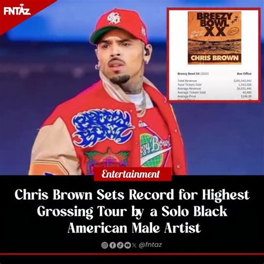 FNTAZ on Instagram: "Chris Brown has made history with his "Breezy Bowl XX tour", officially becoming the highest grossing tour ever achieved by a solo Black American male performer. The tour which featured 49 scheduled dates, sold an impressive 1.983 million tickets worldwide and generated a total of $295.5 million in revenue. With these figures, Breezy Bowl XX has secured its place as the top-earning tour in this category. The milestone highlights Brown’s enduring global appeal and strong fan