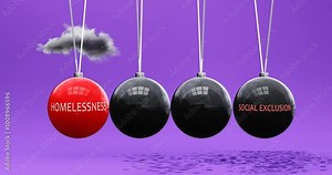 Homelessness leads to social exclusion. Cause and effect relation between homelessness and social exclusion. Vicious cycle. Negative repeating pattern.