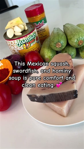 Delicious and nourishing. I love swordfish for its firm, meaty texture and rich, clean flavor. It holds up beautifully in broth and pairs perfectly with tender Mexican squash and hearty hominy. The vegetables melt into the soup, while the fish stays bold and satisfying, creating a comforting bowl that feels both light and deeply filling. Fresh cilantro adds brightness and a gentle detox boost, making this the kind of meal that warms you while it quietly takes care of you. #squash #cleaneating #s