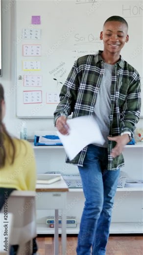 Classroom, presentation and applause with boy for support, education or science assessment. Student, success or oral report with high school for teenager, knowledge and speech exam for scholarship