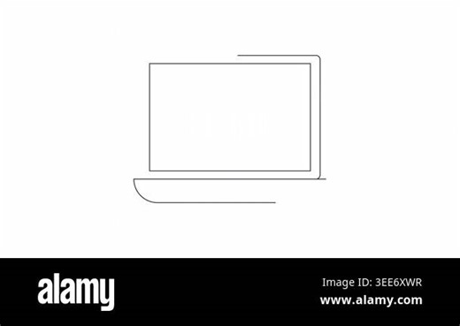 A clean, minimalist line drawing of an open laptop. The screen displays a simplified outline of a human head with a brain scan inside, symbolizing technology and neuroscience Stock Video Footage - Alamy