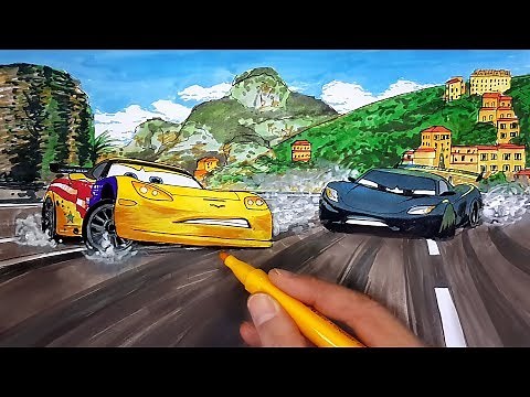 Draw CARS 2 racers Jeff Gorvette and Lewis Hamilton skidding to a stop to avoid the crash