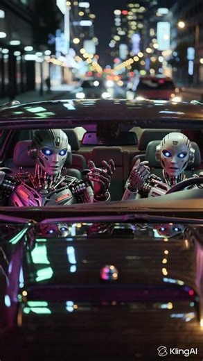 Two robots talking animatedly on a busy city road.