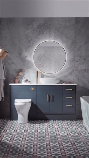 Showrooms Newport, Shanklin & Ryde - Dark and moody Tavistock bathrooms are all the talk. Pair a striking dark grey furniture unit with patterned tiles for a statement look.#bathroomideas #bathroomgoals #modernbathroom #bathroomfurniture #instabathroom dreambathroom moodyinteriors monotoneinteriors | Woods Trade Supplies