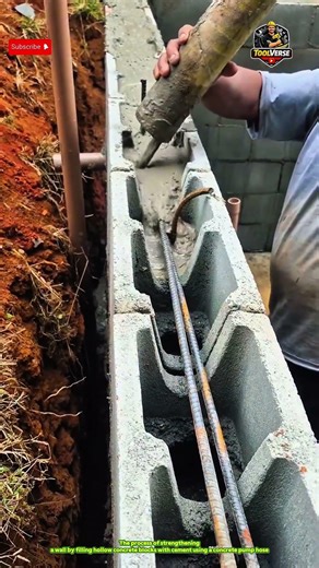 Technique for Filling Concrete Blocks with Cement and Rebar for Stronger Walls #construction