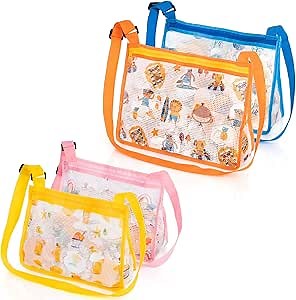 JOTO Beach Mesh Bag Shell Bags, 2 Large & 2 Standard Kids Sand Toy Seashell Collecting Bag for Picking up Shells, Adjustable Sea Shell Holding Totes for Boys Girls -Pink, Yellow, Blue, Orange, 4 Pack