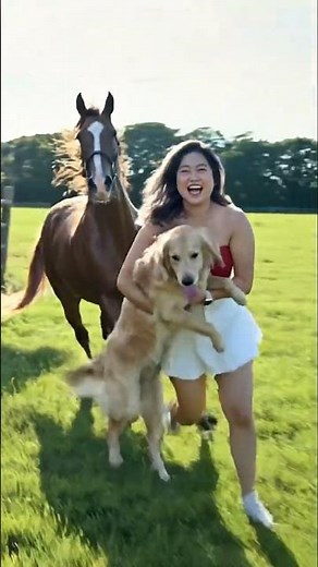 Woman hugging dog happily running with horse #horse #nature #love #anima