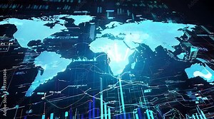 3D render of a dynamic global market with fluctuating charts and world map, blue-black palette,
