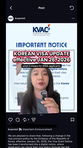 mimi♡ travel•fangirl•childfree on Instagram: "📢 effective Jan 26, 2026 ❗️ erratum: printing visa grant is optional according to commenters na soft copy lang daw ang pinakita sa PH IOs. #kvacmanila #koreanvisa #visaapplication #requirements #2026 @kvacmnl"