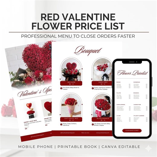 Red Valentine Flower Price List Template | Florist Menu (canva Editable) - Etsy