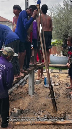 Manual Concrete Pile Driving: Crew Uses Wooden Lever and Drop Hammer Piler