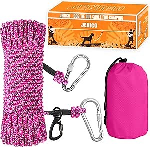 Dog Tie Out Cable for Camping - 100ft Dog Runner for Yard - Portable Trolley System for Large Small Dogs Outside Pink