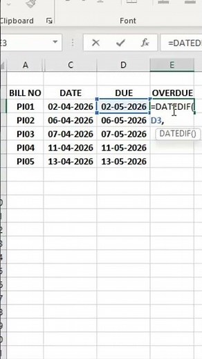 Find Overdue Billing Days in Excel | TODAY + DATEDIF Formula Trick #excel #exceltips