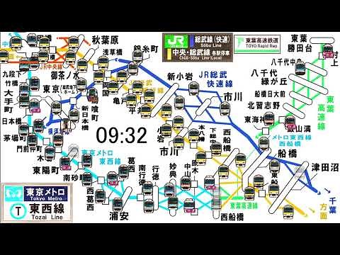 東京メトロ東西線＆JR総武線 朝ラッシュ時の運行略図
