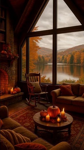 Autumn Lake Cabin Serenity 🍁 Cozy Fireplace & Pumpkin Candlelight Ambience for Relaxation