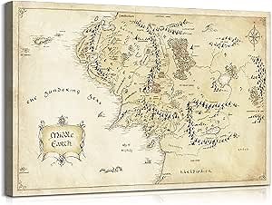 Mistyefly Middle Earth Map Wall Art Canvas Print - Fantasy Map of Middle Earth - 16''H x 24''W with Inner Wooden Frame - Lightweight & Easy to Hang - Perfect for Bedroom, Game Room Decor