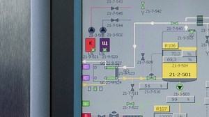 Industrial production line in a modern factory. The computer Plan of a Modern Factory conveyor. Food Production Industry, New Technology, Plant at the Computer Screen, Close Up