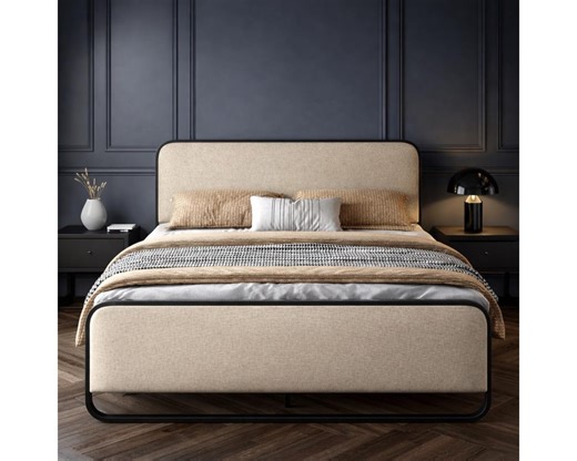 Bed Frame Queen Size Metal Platform With Curved Upholstered Headboard and Footboard Large Underbed Storage No Box Spring - Etsy