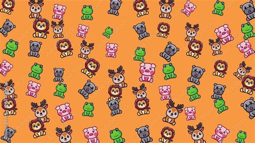 Pattern of cute pixelated animals on an orange background is perfect for childrens stationery, digital games, and educational resources.