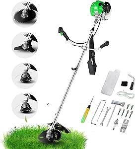 Weed Wacker Brush Cutter, 58CC Weed Eater Gas Powered String Trimmer 4-in-1 Gas Weed Eater with 4 Detachable Heads Straight Shaft 2-Cycle for Weed(Green).