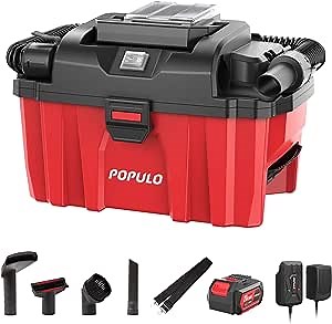 populo Wet Dry Vacuum Cleaner, 4.0Ah Detachable Li-ion Battery ，Cordless Blower + Vac Powerful Suction Clean for Garage, Auto Detailing, Vehicle Dust Detachable Battery Hose Belt HEPA Filtration