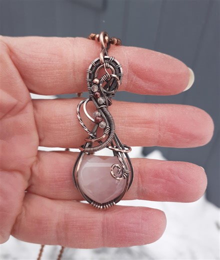 Copper Wire Wrapped Rose Quartz Heart Pendant, Boho Copper Chain - Etsy