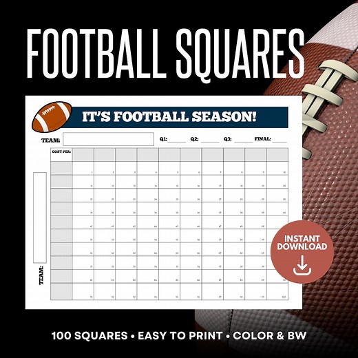Football Squares Game: 100 Square Grid, Editable Template (printable PDF & Canva File) - Etsy