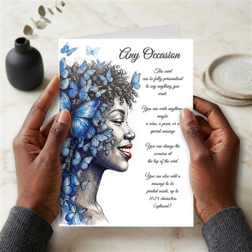 Black Woman Birthday Card, Personalised, Melanin Queen, Blue Butterfly Art, Afrocentric Greeting, for Her, Sister, Friend, Wife, Daughter - Etsy