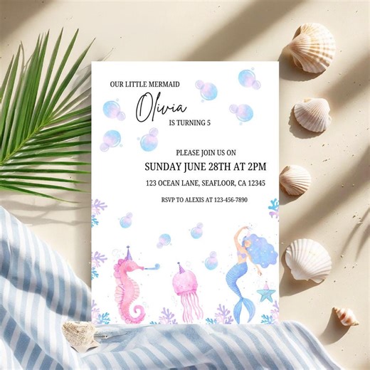 Mermaid Theme Birthday Invitation Template, Under the Sea Party Invite With Seahorse, Jellyfish and Mermaid, Digital Template - Etsy