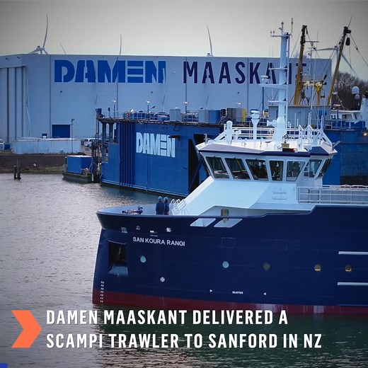 Pushing Boundaries in Sustainable Fishing In collaboration with New Zealand-based Sanford, Damen Maaskant designed and built a cutting-edge scampi fishing vessel: San Koura Rangi. Based on the Damen Sea Fisher 3210, the vessel is tailored for operations in the challenging conditions of the Southern Ocean. San Koura Rangi prioritises safety, crew comfort, and sustainability. She features hybrid diesel-electric propulsion, a smart power management system, fully electric winches, and a modern freez
