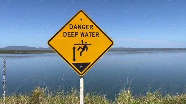 A warning danger deep water sign in lake Proserpine Queensland Australia