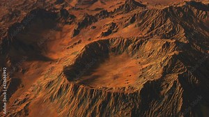 landscape of the planet Mars. surface with hills and depressions, mountains damaged by erosion and kratars. filming from the satellite. 3D animation