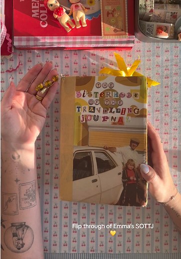 This stunning journal moved me to tears from the very first page. It honestly feels like an heirloom, the most precious work of art. I can tell Emma has put so much thought and heart into it and I feel so honoured to get to add some magic in too 💛 #sisterhoodofthetravelingjournal #journaltherapy #journaltok #travellingjournal #journalspreadwithme