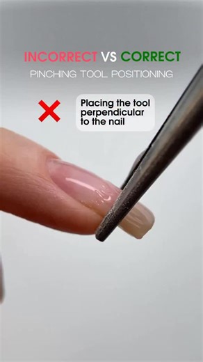 Pinching is a step performed after the overlay to achieve straight side parallels and a proper arch 💅. It’s done using reverse tweezers or narrow-tipped pliers. 💁🏻‍♀️ Many techs are afraid of pinching, but if you work only on the free edge and avoid placing the tool on the points of growth, the procedure is safe and very effective 🤌🏻 — especially for correcting a trapezoidal shape. However, pinching can — and often should — be done even on natural nails, because adding an armoring frame sli