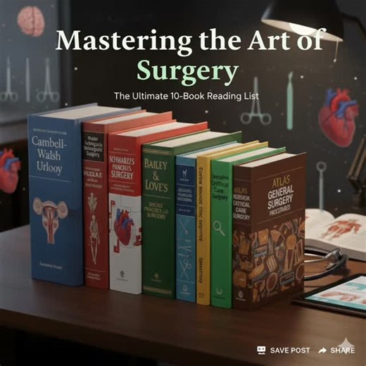 medical videos on Instagram: "The Surgeon's Library Headline: Master the Art of Surgery: The Top 10 Must-Read Classics 🩺📚 Surgery is where science meets art, and precision meets passion. But behind every successful procedure lies years of rigorous study and deep theoretical knowledge. Whether you are a medical student, a surgical resident, or a seasoned professional, these 10 books are considered the "Gold Standard" in the field. They cover everything from basic biological principles to comple