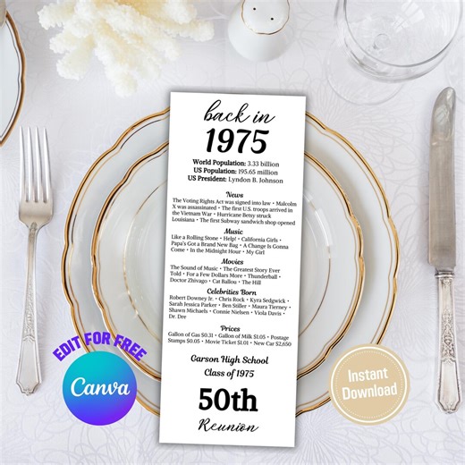 50th Class Reunion Table Cards | Editable 50th Class Reunion Place Cards | Class of 1975 Party Decorations | Back in 1975 News | High School - Etsy