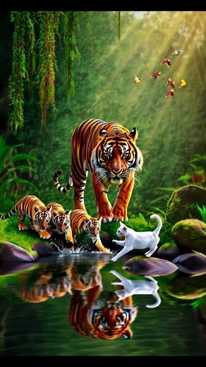 Jungle Family Tigers, Cubs and a Curious White Cat