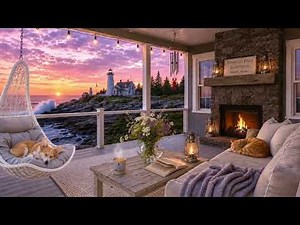 Cozy Porch with Pemaquid Point Lighthouse at Sunset | Cozy Ocean Porch, Fireplace, Waves for Reading
