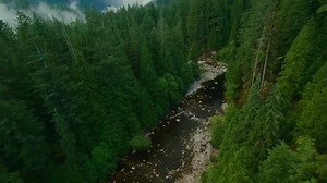 Flight over a mountain river. Shot on FPV drone. British Columbia, Canada.