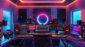 Professional music production setup with multiple screens and keyboards