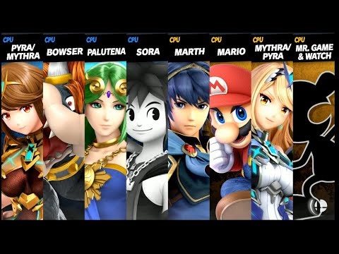 Pyra Mythra and Bowser and Palutena and Sora VS Marth and Mario and Mythra Pyra and Mr. Game & Watch