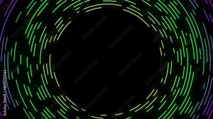 Circle Line Animation On Black Background. Circle Particle Line Moving, Circle Halftone Particle Dot Moving Over Black Background. Multi Color Halftone Circle Dot Animation