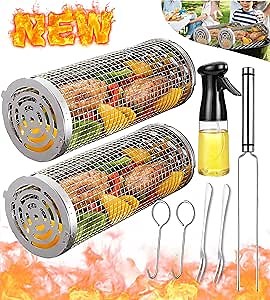 Rolling Grilling Baskets for Outdoor Grill Bbq Net Tube Stainless Steel Large Round Mesh Rotation Barbecue Cylinder Cage Cooking Accessories for Veggies Vegetable Fish Meat Food Camping, Gift for Men