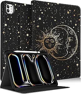 Uppuppy for iPad Pro 13 Inch Case 2024 - Women Girls Cute Folio Smart Cover with Pencil Holder Sun Moon Star Black Girly Pretty Unique for iPad Pro M4 13 Inch Cases A2925 A2926 A3007