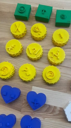 12K views · 258 reactions | You can learn more about these 3D symbols at https://www.project-core.com/3d-symbols/ Video description: Red, Yellow, Blue, and Green palm sized 3D printed symbols on a wooden table. Alanna picks some of them up to show the camera: I, Want, More, Where, You, Open. #AssistiveTech #AssistiveTechnology #AAC #Communication #SLP #Disability #Braille | Tech OWL - Technology for Our Whole Lives | Facebook