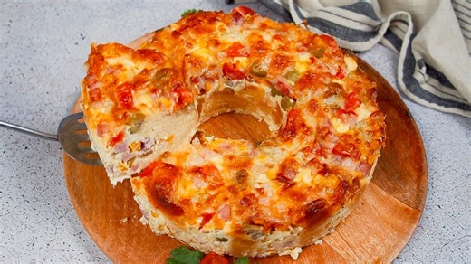 Savory Bread Cake with Ham, Cheese, and Veggies (Savory Bread Pudding)