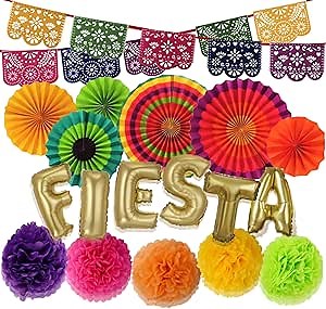 Mexican Fiesta Party Decorations – Cinco De Mayo - 6 Paper Fans, 5 Flowers Pom Poms, Papel Picado, Editable PDF Games - Taco Bout Tuesday, Birthday, Engagement Supplies