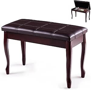 Piano Bench, Solid Wood Keyboard Bench with Storage Compartment, Exquisite Legs & Thick Cushion, Classical Elegant Piano Stool Duet Seat for Home, 14’’ D x 29.5’’ W x 19.5’’ H (Brown)